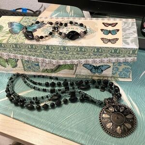 Black & Grey Beaded Choker 16” W/Metal Round Pendant 2”& Beaded Hoop Earrings